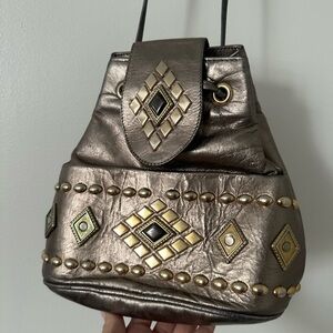 Vintage Gray and Gold Satchel with Studded Details